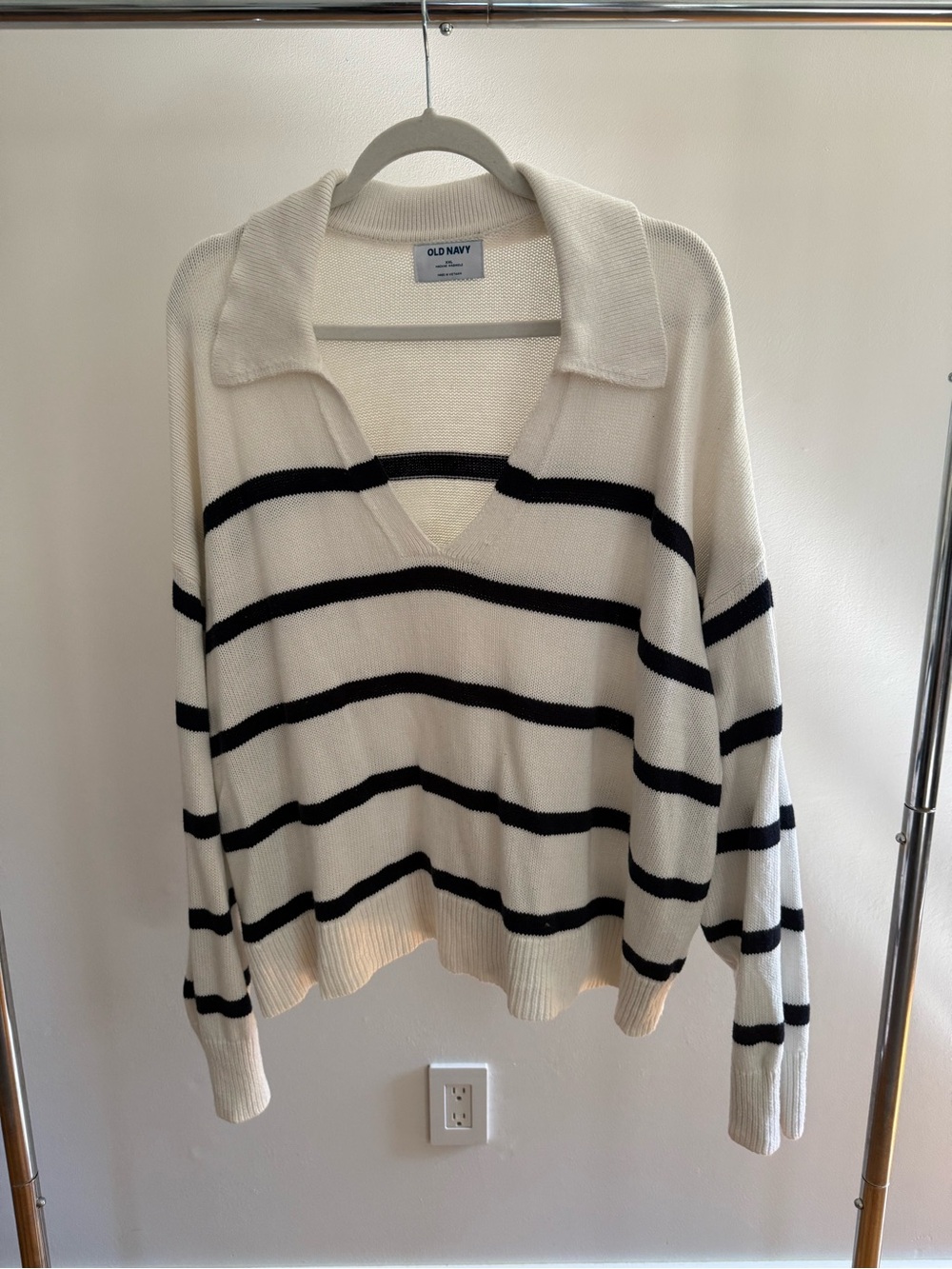 Old Navy Cream and Black Striped V-Neck Collared Sweater